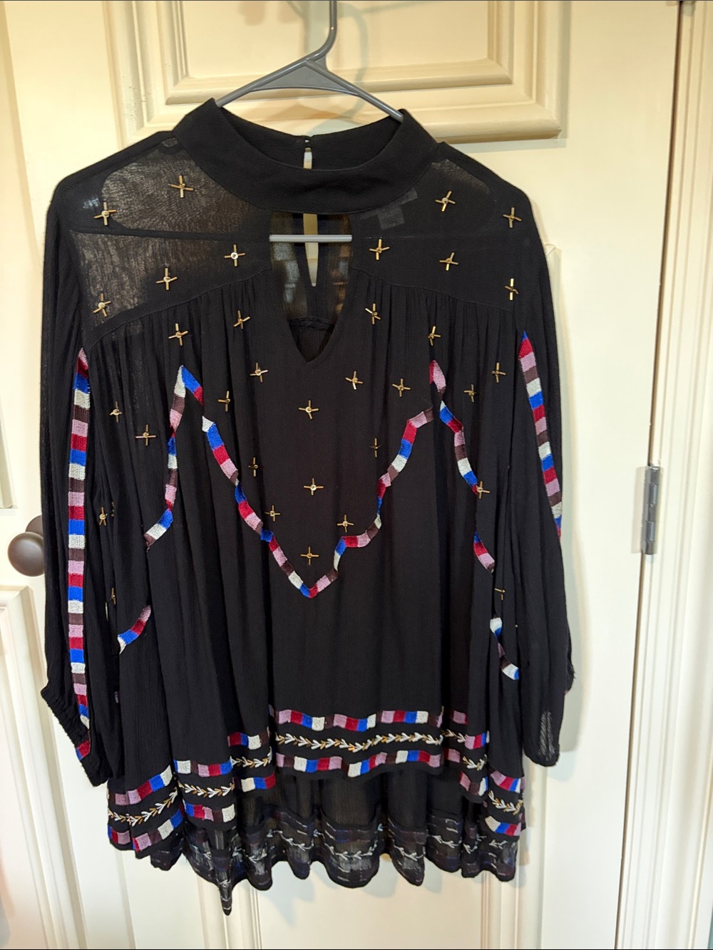 Black Embroidered Boho Tunic with Multicolor Ribbon Trim